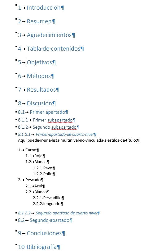 Un ejemplo de documento con los dos tipos de listas multinivel