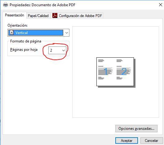 Imprimir dos hojas por página. Muestra el cuadro de diálogo Propiedades de documento pdf en su ficha Presentación con el ajuste de dos páginas por hoja.