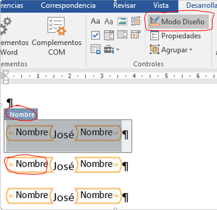 control de contenido Abstracto. Muestra un ejemplo de control de contenido en Modo Diseño, con la ruta y un ejemplo.