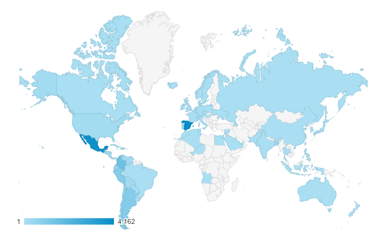 Mapa mundi con la procedencia de los visitantes al blog