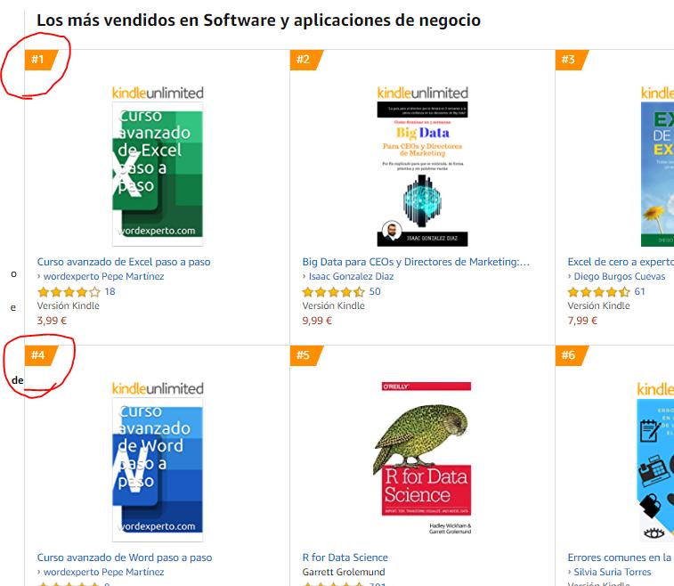 Muestra los libros más vendidos en Amazon en la categoría Software y aplicaciones de negocio