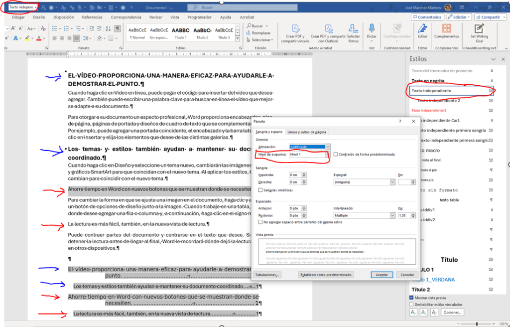 Un ejemplo de tabla de contenido construida con el comando Agregar texto.