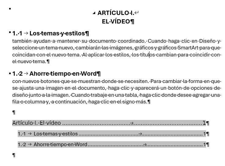 Un ejemplo de texto legal para personalizar la tabla de contenidos usando campos