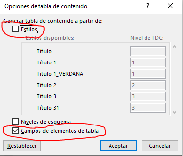 Muestra los ajustes para insertar una Tabla de contenido con campos