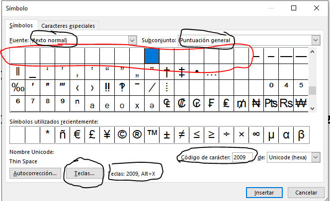 Es una captura del cuadro de diálogo Símbolo, mostrando los espacios en blanco