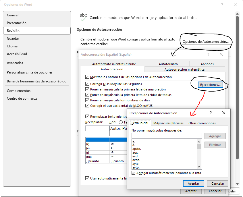 Muestra el cuadro de diálogo Excepciones de autocorrección y cómo llegar hasta él.