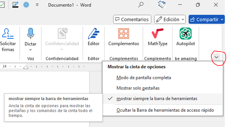 Captura de la cinta de opciones mostrando el comando Opciones de visualización de la cinta de opciones y sus estados.