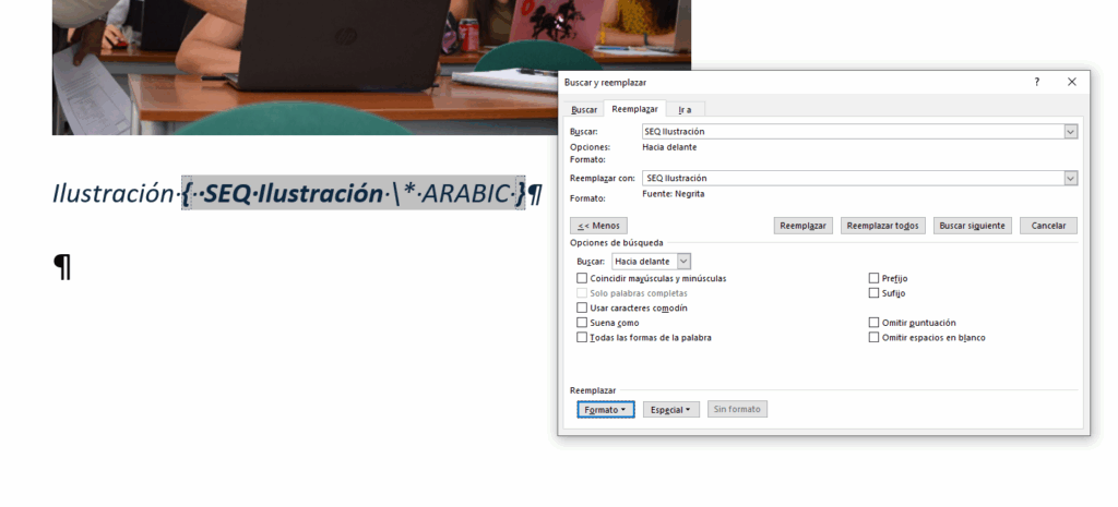 Poner en negrita los números de los títulos de las ilustraciones. 1 Muestra al cuadro de diálogo Buscar y reemplazar con los ajustes referidos en la entrada.