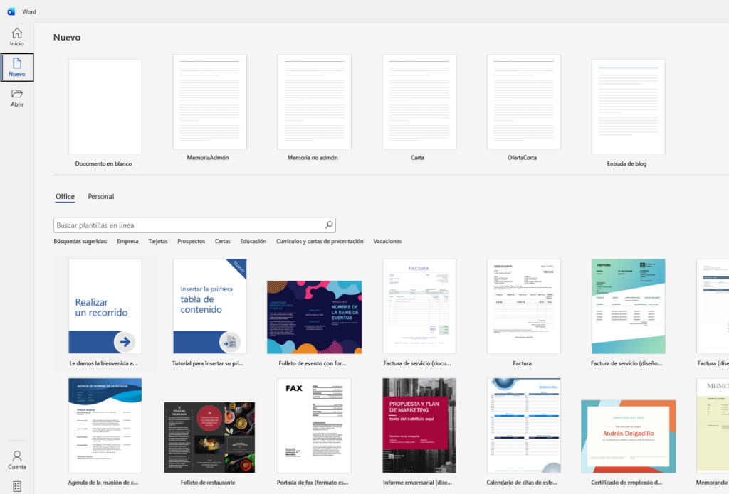 Plantillas de documentos en Word: la base de los modelos profesionales 1 Muestra la pantalla Archivo > Nuevo, de Word, con las plantillas integradas de Office y las personalizadas que hemos creado